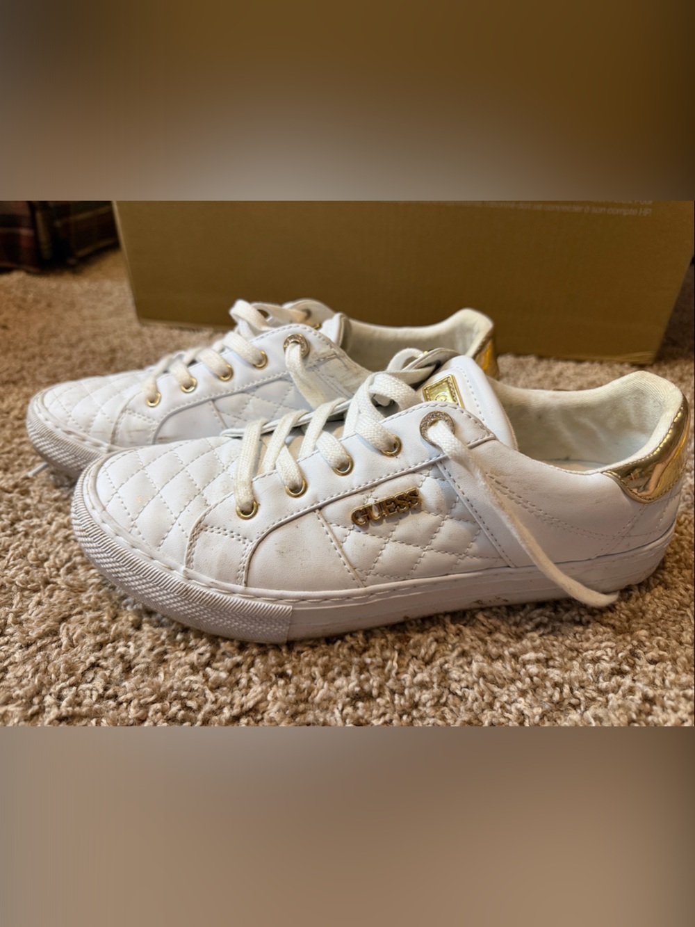 GUESS White Quilted Sneakers with Gold Trim
